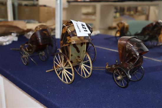 Five Japanese tortoiseshell models of rickshaws, c.1900, longest 18cm